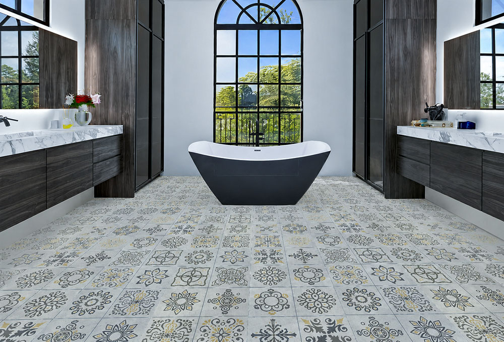 Classic Porcelain - 19/64" (7.5mm) - Swiss Techslate (MCPor7.5) Classic Porcelain Swiss TechSlate light gray mineral-based flooring with floral medallion patterns in a contemporary restaurant dining and bar area.