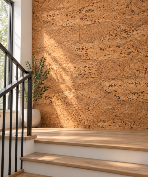 Umber glue-down cork tiles in a staircase landing — wall application visualization