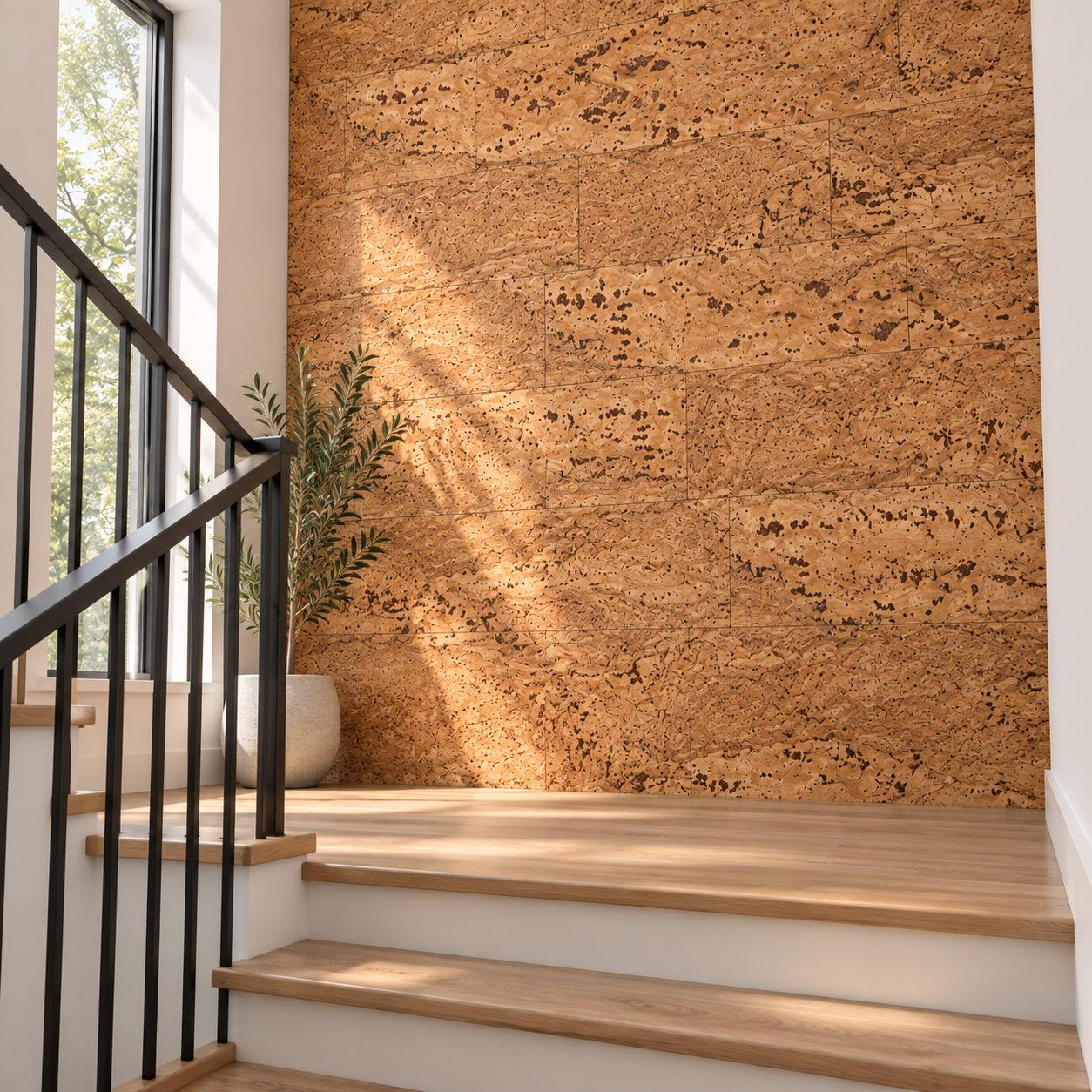 Umber - 1/4" (6mm) - Swiss Cork Glue Down Tile (GUmb6) Umber glue-down cork tiles in a staircase landing — wall application visualization