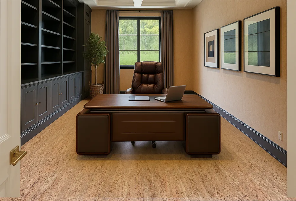 Modern executive office featuring warm beige cork flooring, a large dark wood desk with leather accents, and a high-back leather chair centered in front of a window. Built-in charcoal cabinetry with shelving lines the left wall, complemented by framed geometric artwork on the right. The natural cork floor adds warmth and acoustic comfort to the elegant workspace.