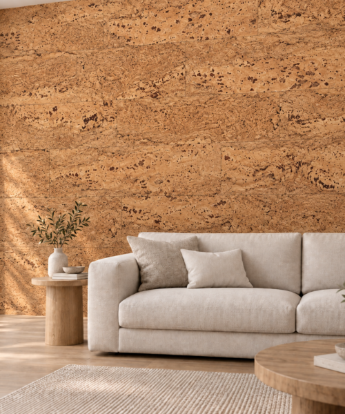 Umber glue-down cork tiles on a living room accent wall — visualization