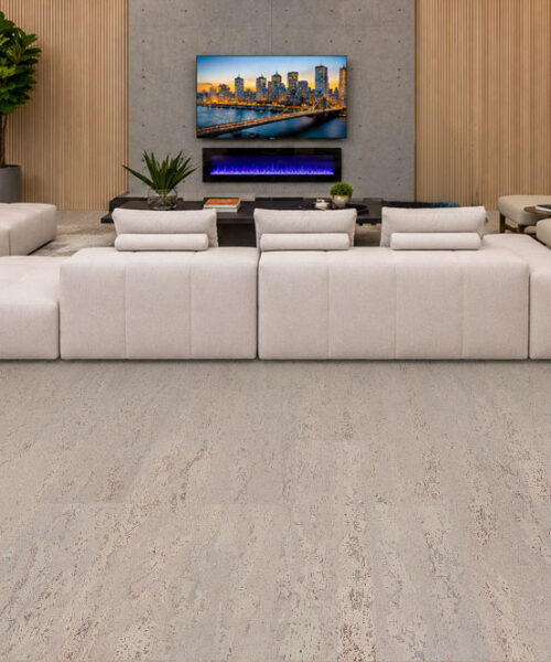 Stylish living room featuring Umber Grey Swiss Real Cork Floating Flooring that combines modern design, natural comfort, and lasting durability.