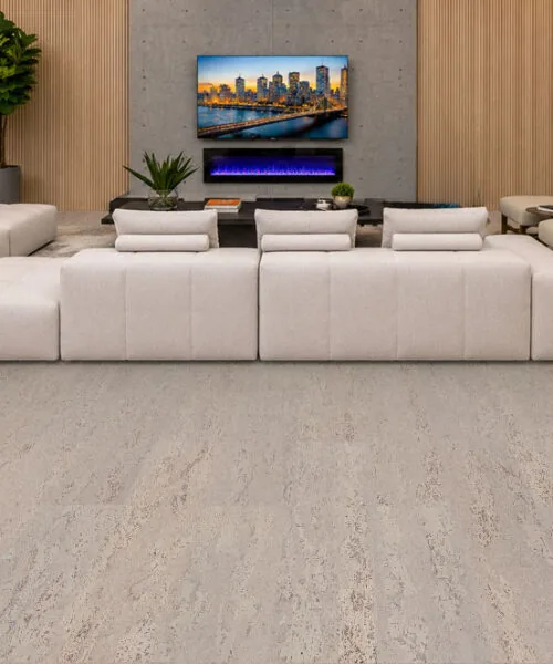 Umber Grey - 7/16" (11mm) - Swiss Real Cork Floating (FUG11) Stylish living room featuring Umber Grey Swiss Real Cork Floating Flooring that combines modern design, natural comfort, and lasting durability.