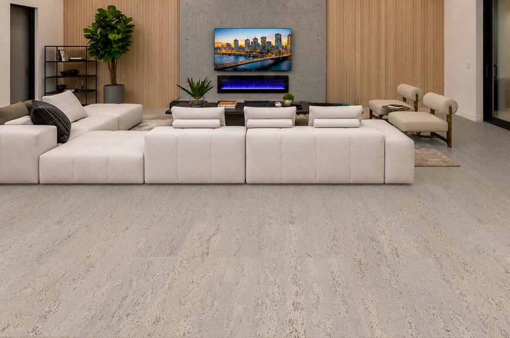 Umber Grey - 7/16" (11mm) - Swiss Real Cork Floating (FUG11) Stylish living room featuring Umber Grey Swiss Real Cork Floating Flooring that combines modern design, natural comfort, and lasting durability.