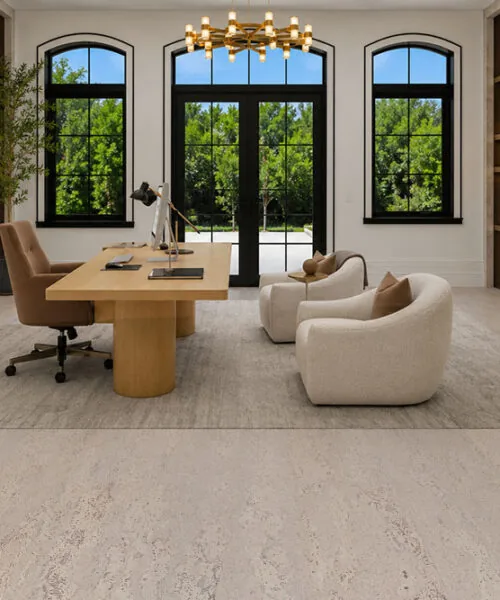 Umber Grey - 7/16" (11mm) - Swiss Real Cork Floating (FUG11) Elegant home office with Umber Grey Swiss Real Cork Floating Flooring creating a warm, quiet, and comfortable workspace.