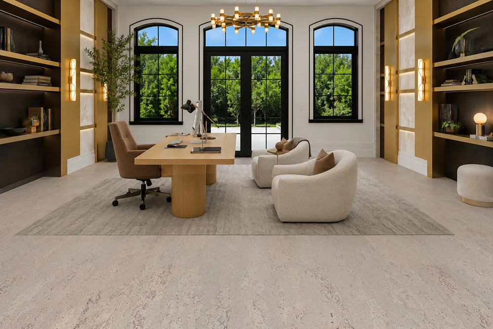 Umber Grey - 7/16" (11mm) - Swiss Real Cork Floating (FUG11) Elegant home office with Umber Grey Swiss Real Cork Floating Flooring creating a warm, quiet, and comfortable workspace.