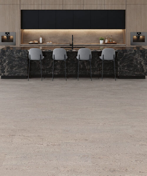 Spacious designer kitchen showcasing Umber Grey Swiss Real Cork Floating Flooring with a clean, durable cork surface and minimalist style.