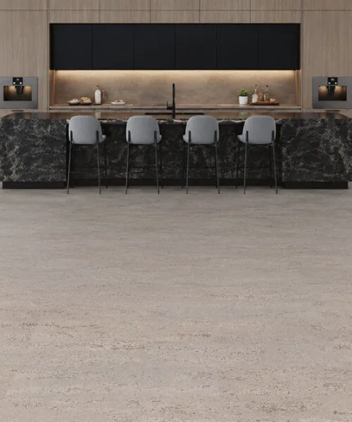 Umber Grey - 7/16" (11mm) - Swiss Real Cork Floating (FUG11) Spacious designer kitchen showcasing Umber Grey Swiss Real Cork Floating Flooring with a clean, durable cork surface and minimalist style.