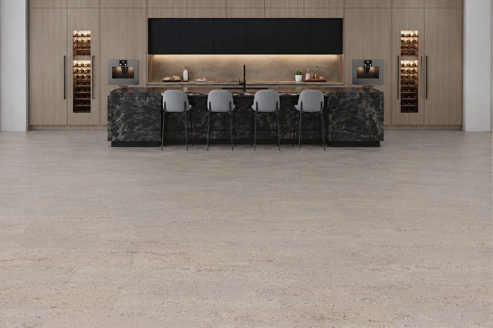 Umber Grey - 7/16" (11mm) - Swiss Real Cork Floating (FUG11) Spacious designer kitchen showcasing Umber Grey Swiss Real Cork Floating Flooring with a clean, durable cork surface and minimalist style.