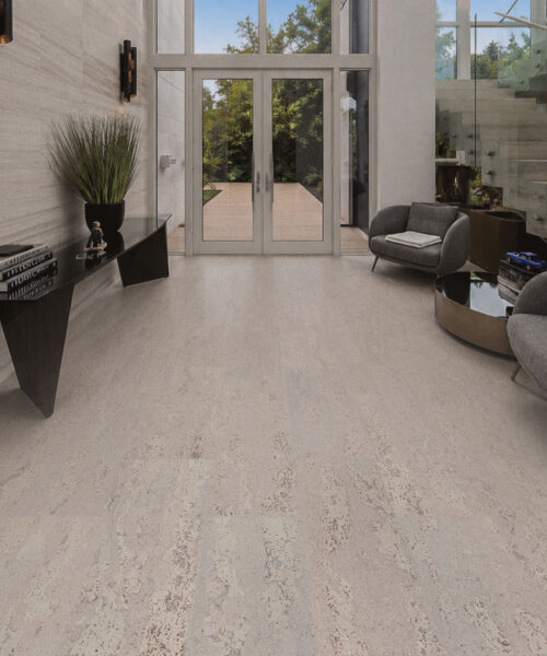 Luxury hallway featuring Umber Grey Swiss Real Cork Floating Flooring with a soft natural cork texture and sophisticated modern décor.