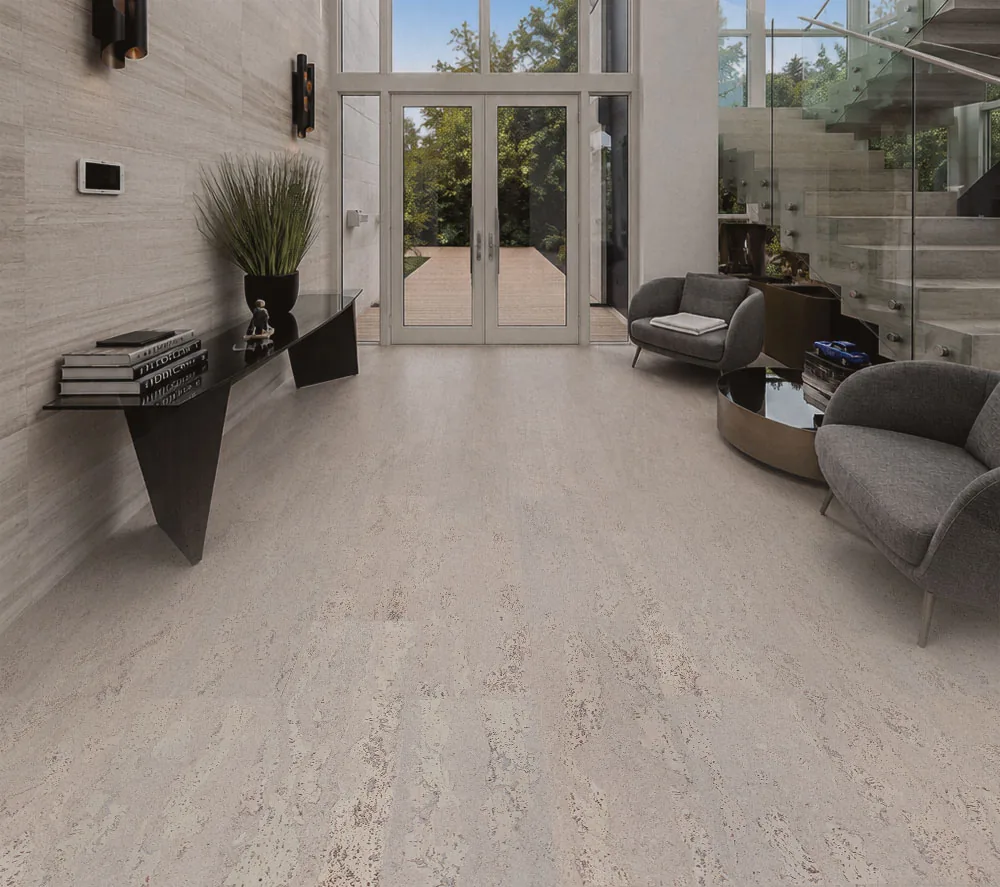 Umber Grey - 7/16" (11mm) - Swiss Real Cork Floating (FUG11) Luxury hallway featuring Umber Grey Swiss Real Cork Floating Flooring with a soft natural cork texture and sophisticated modern décor.
