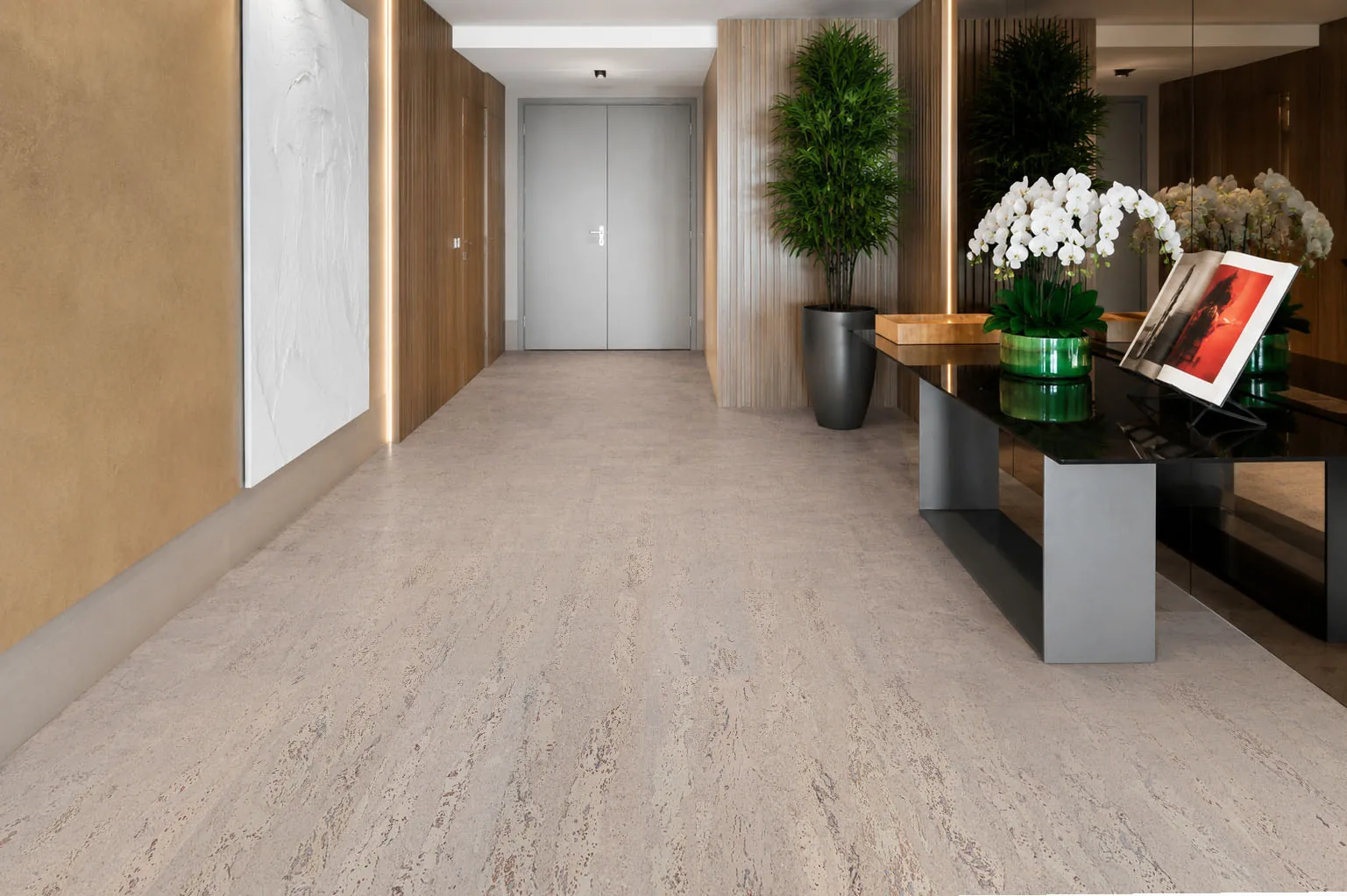 Umber Grey - 7/16" (11mm) - Swiss Real Cork Floating (FUG11) Bright contemporary entrance featuring Umber Grey Swiss Real Cork Floating Flooring with a soft natural cork texture and elegant modern design.