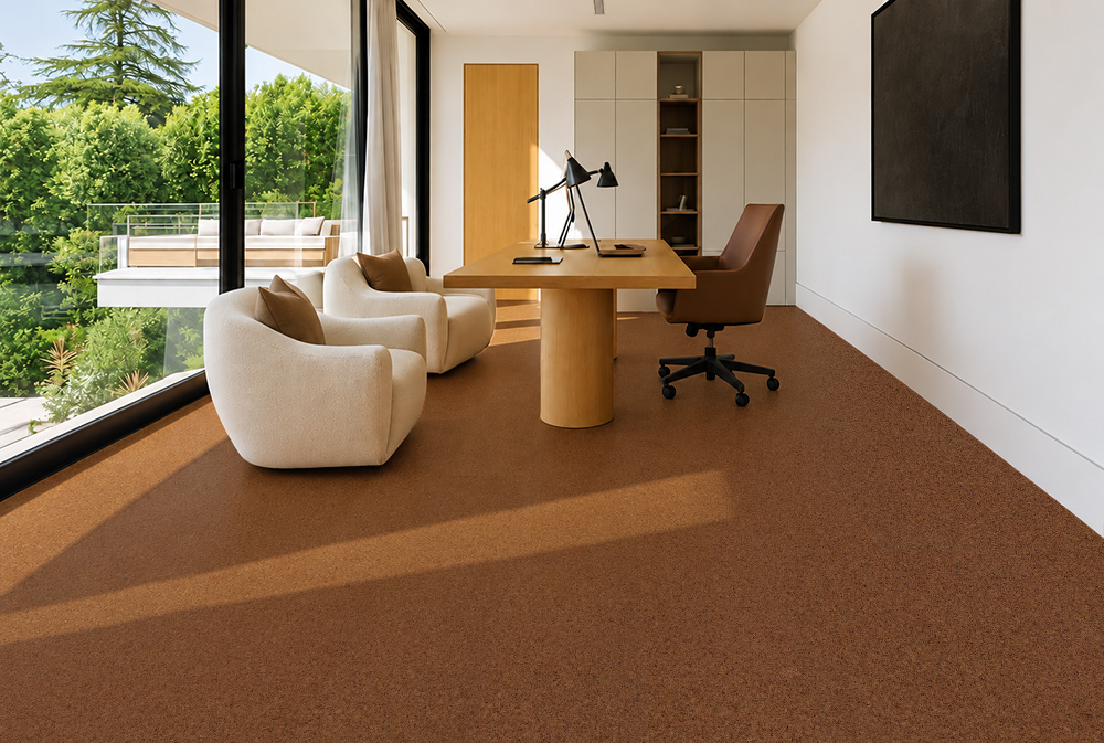 Venetian - 25/64" (10mm) - Cork Floating (FVen10) Warm reddish-brown Venetian 10mm cork floor planks extend through a window-lined office with cream chairs.