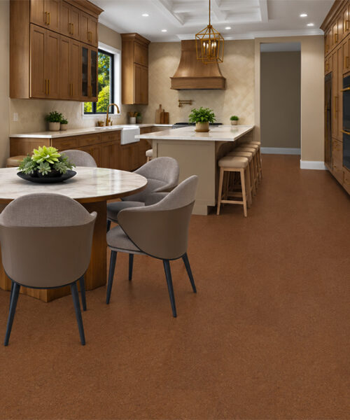 Venetian - 25/64" (10mm) - Cork Floating (FVen10) Venetian 10mm floating cork flooring with organic brown texture unifies a wood-cabinet kitchen and dining nook.