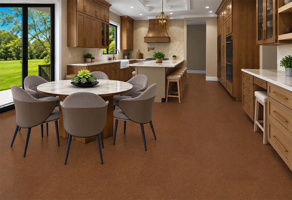 Venetian - 25/64" (10mm) - Cork Floating (FVen10) Venetian 10mm floating cork flooring with organic brown texture unifies a wood-cabinet kitchen and dining nook.