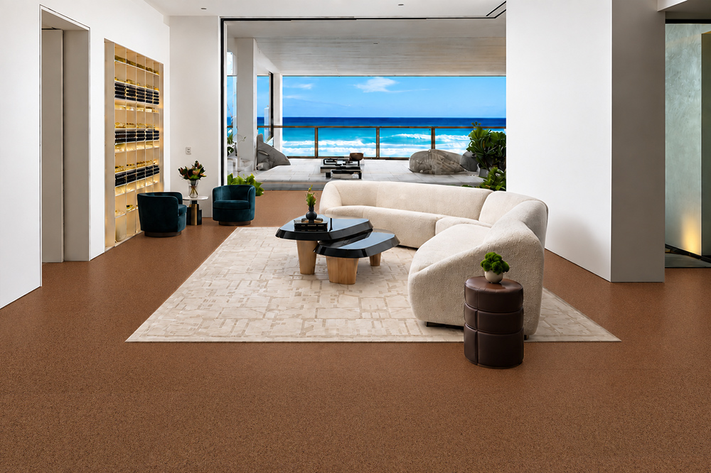 Venetian - 25/64" (10mm) - Cork Floating (FVen10) Reddish-brown Venetian natural cork flooring frames a curved cream sectional in an oceanfront living room.