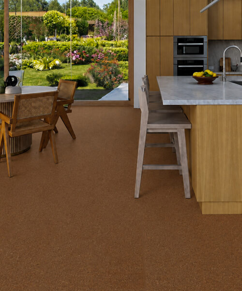 Venetian - 25/64" (10mm) - Cork Floating (FVen10) Venetian 10mm warm-brown cork floor planks cover a garden-facing kitchen with wood island and breakfast seating.
