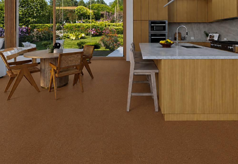 Venetian - 25/64" (10mm) - Cork Floating (FVen10) Venetian 10mm warm-brown cork floor planks cover a garden-facing kitchen with wood island and breakfast seating.