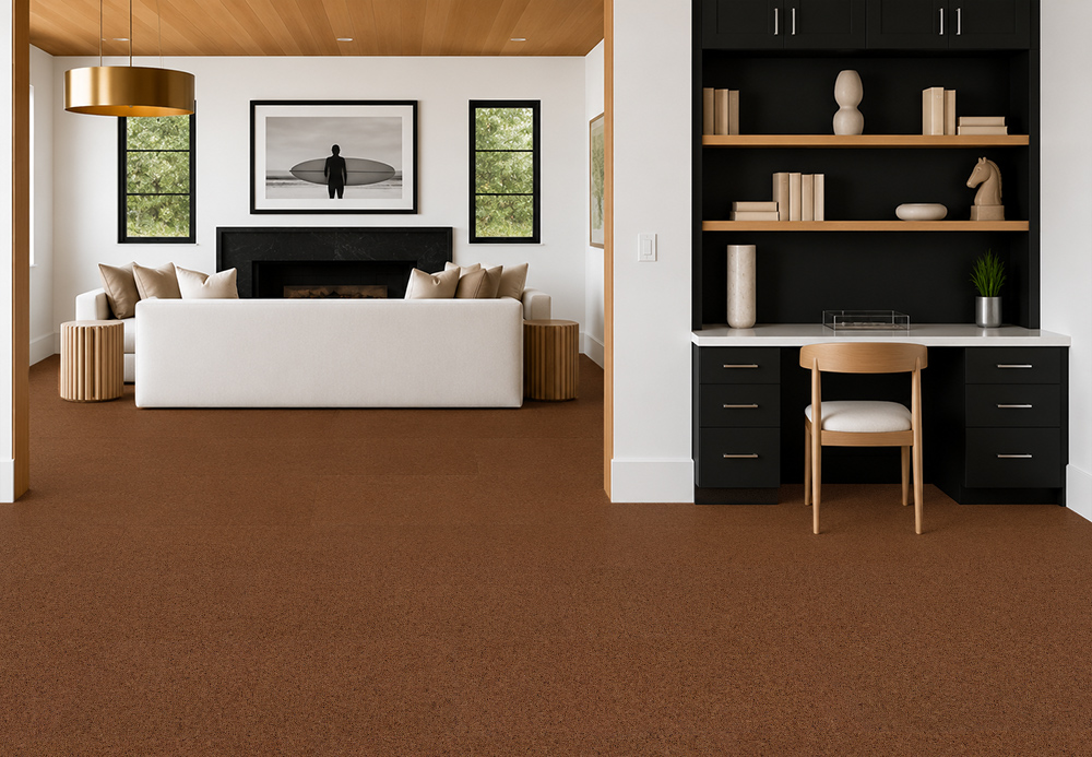 Venetian - 25/64" (10mm) - Cork Floating (FVen10) Warm-brown Venetian floating cork flooring flows seamlessly between a fireplace lounge and compact built-in workspace.