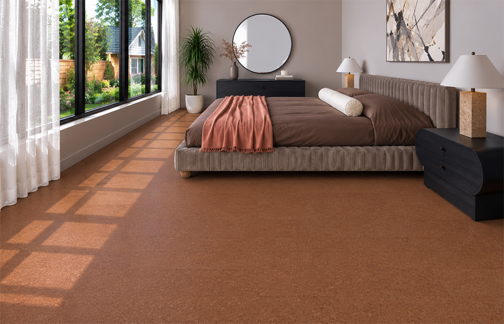 Venetian - 25/64" (10mm) - Cork Floating (FVen10) Venetian 10mm comfortable cork flooring with reddish-brown speckling surrounds an upholstered bed and dark nightstands.