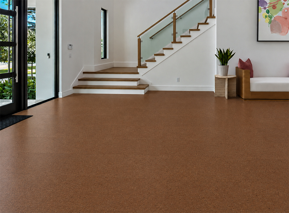 Venetian - 25/64" (10mm) - Cork Floating (FVen10) Fine-speckled Venetian 10mm floating cork flooring covers a bright entryway with glass stairs and built-in bench.