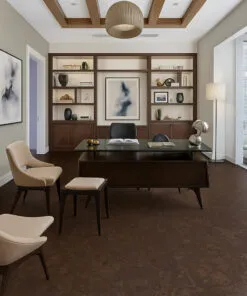 Durable Walnut Burlwood cork flooring providing warmth and comfort in a sophisticated home office setting.