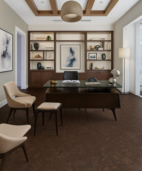 Durable Walnut Burlwood cork flooring providing warmth and comfort in a sophisticated home office setting.