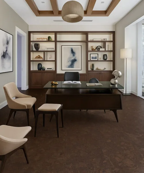 Durable Walnut Burlwood cork flooring providing warmth and comfort in a sophisticated home office setting.