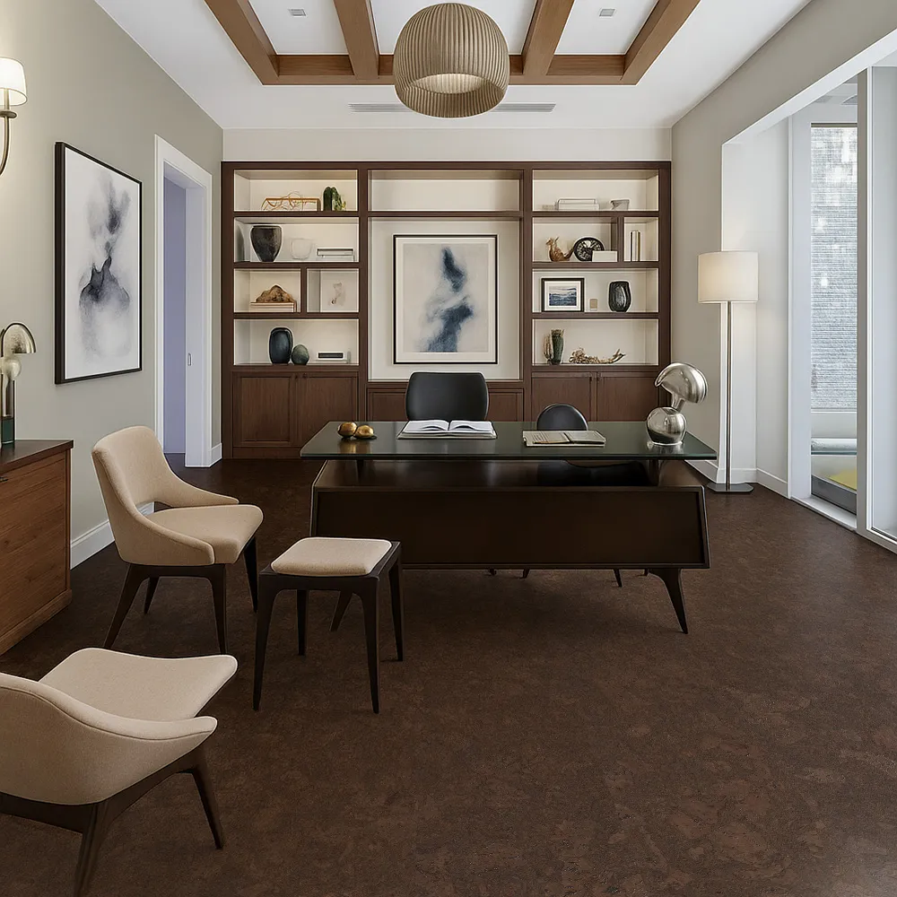 Walnut Burlwood - 5/16" (8mm) - Cork Glue Down Tile (GWBu8) Durable Walnut Burlwood cork flooring providing warmth and comfort in a sophisticated home office setting.