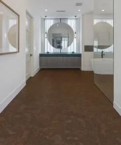 Moisture-resistant Walnut Burlwood cork floating floor showcased in a contemporary bathroom vanity area.