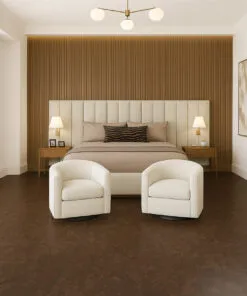 Comfortable Walnut Burlwood cork flooring adding warmth and acoustic softness in a serene master bedroom.