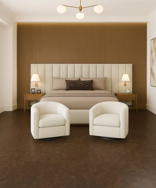 Comfortable Walnut Burlwood cork flooring adding warmth and acoustic softness in a serene master bedroom.