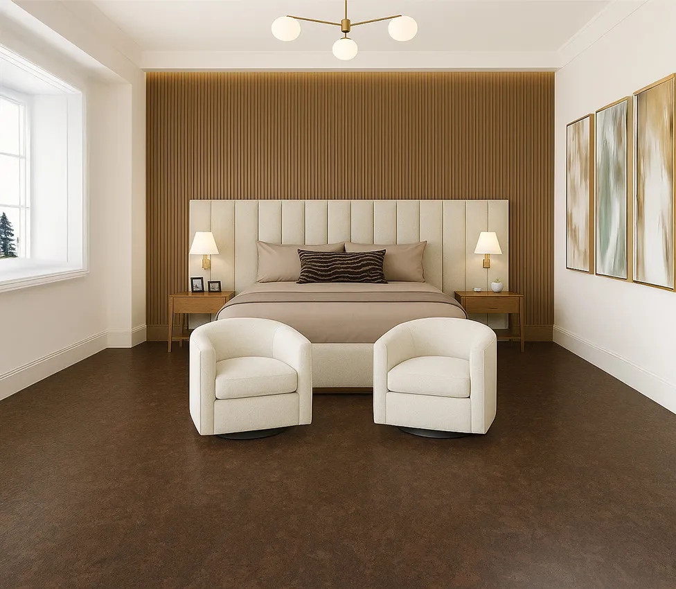 Walnut Burlwood - 5/16" (8mm) - Cork Glue Down Tile (GWBu8) Comfortable Walnut Burlwood cork flooring adding warmth and acoustic softness in a serene master bedroom.