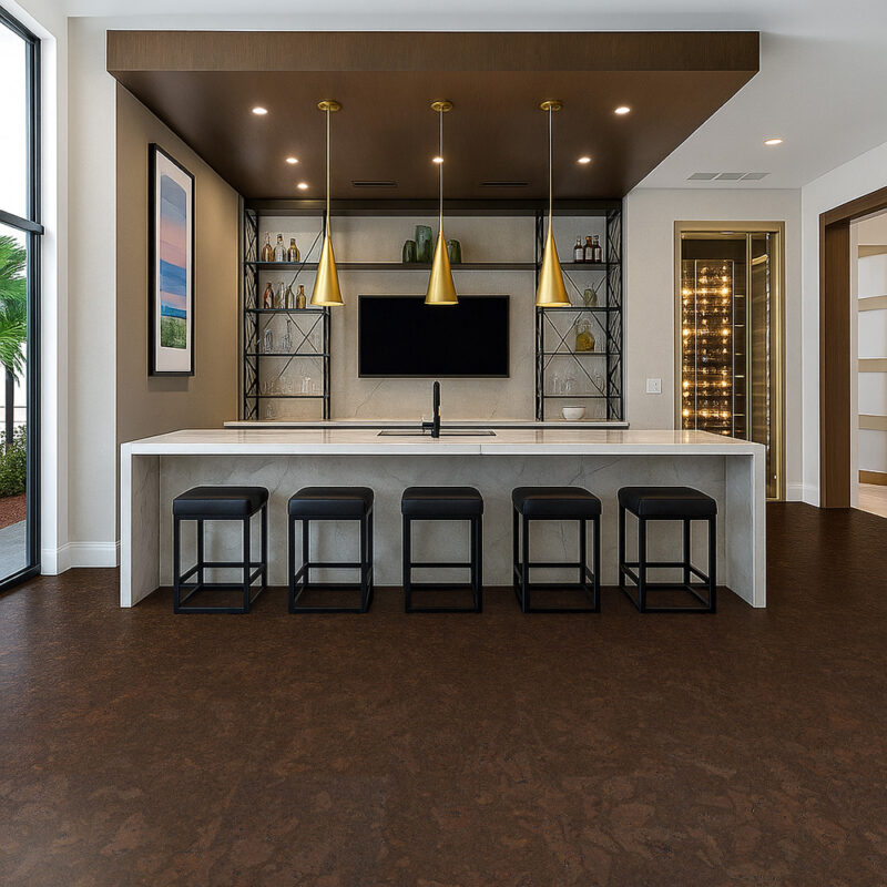 Stylish and resilient Walnut Burlwood cork floor enhancing a high-end bar and entertainment room design.