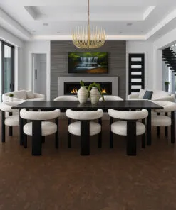 Soft, quiet Walnut Burlwood cork flooring offering cushioning and stability in a home yoga and fitness space.
