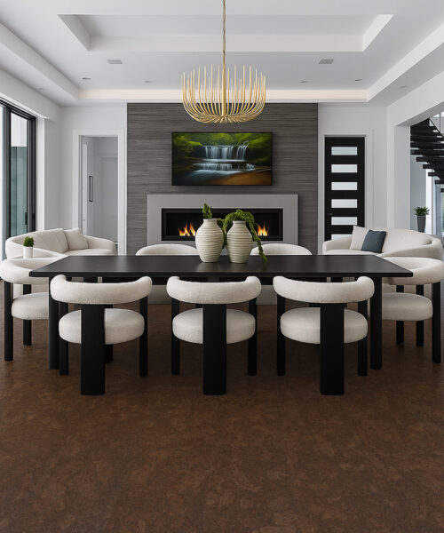 Walnut Burlwood - 5/16" (8mm) - Cork Glue Down Tile (GWBu8) Soft, quiet Walnut Burlwood cork flooring offering cushioning and stability in a home yoga and fitness space.