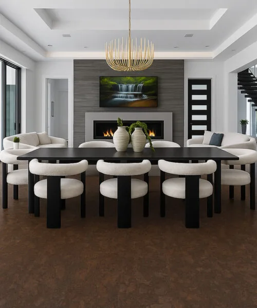 Soft, quiet Walnut Burlwood cork flooring offering cushioning and stability in a home yoga and fitness space.