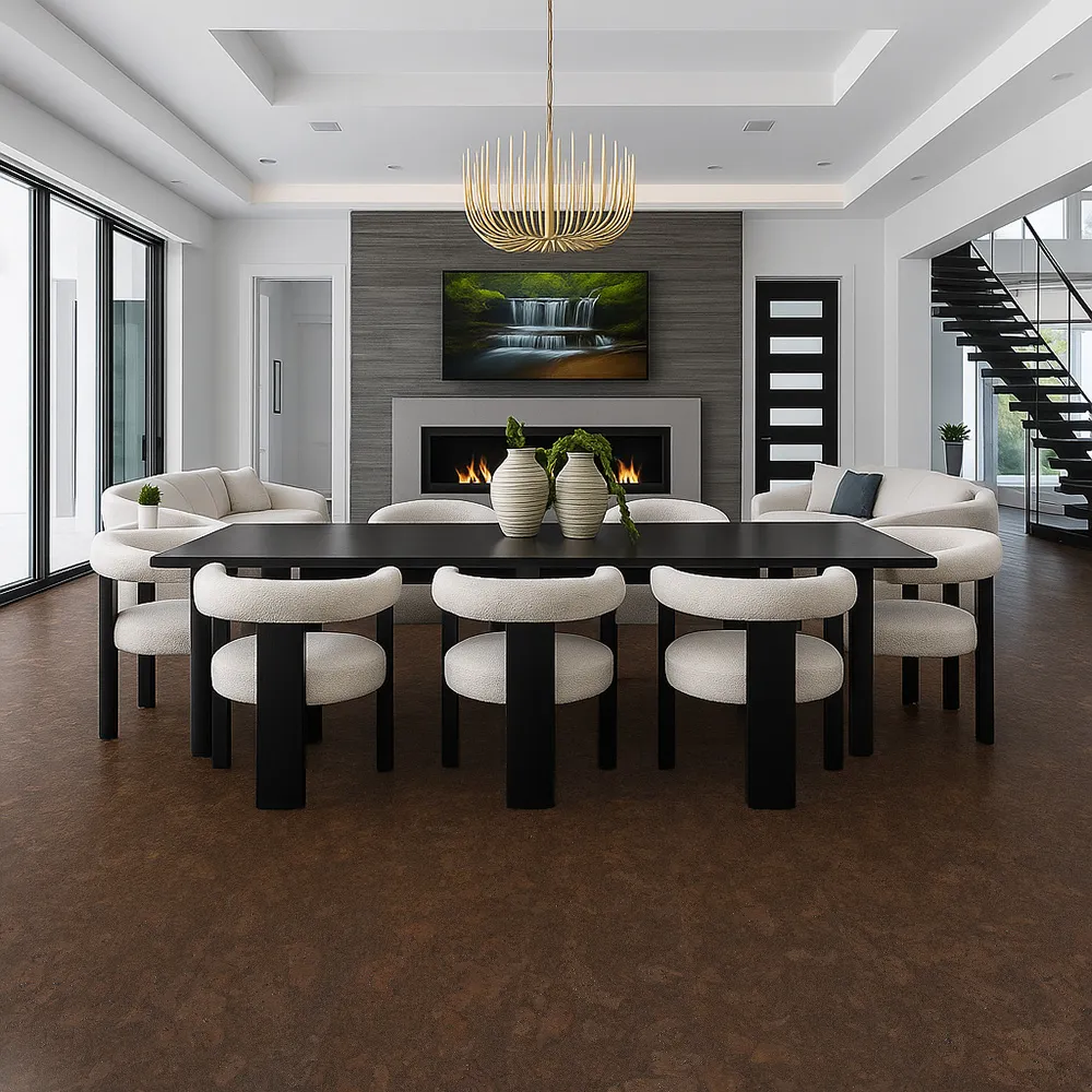 Walnut Burlwood - 5/16" (8mm) - Cork Glue Down Tile (GWBu8) Soft, quiet Walnut Burlwood cork flooring offering cushioning and stability in a home yoga and fitness space.