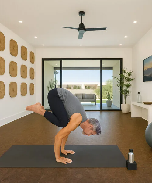 Soft, quiet Walnut Burlwood cork flooring offering cushioning and stability in a home yoga and fitness space.