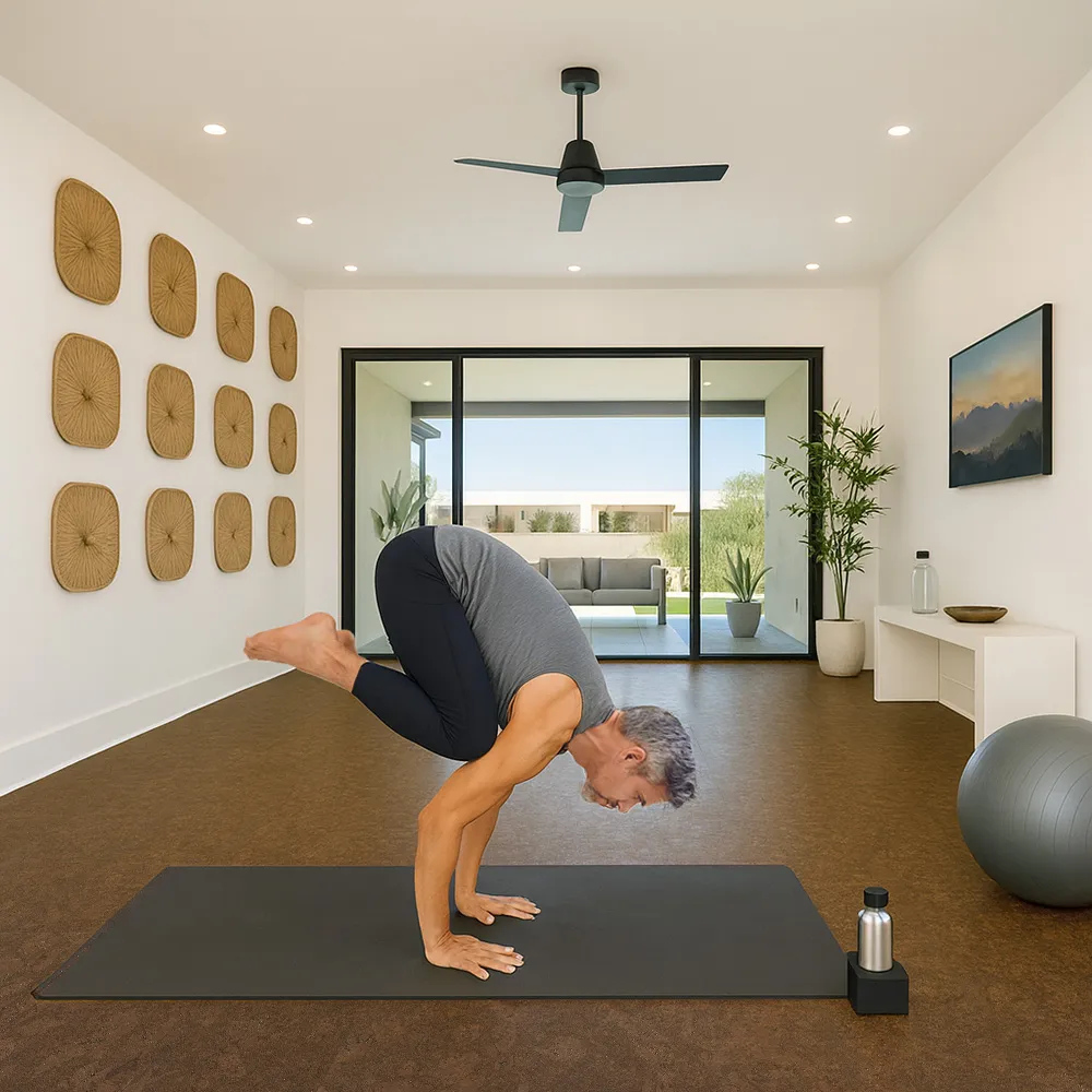 Walnut Burlwood - 5/16" (8mm) - Cork Glue Down Tile (GWBu8) Soft, quiet Walnut Burlwood cork flooring offering cushioning and stability in a home yoga and fitness space.