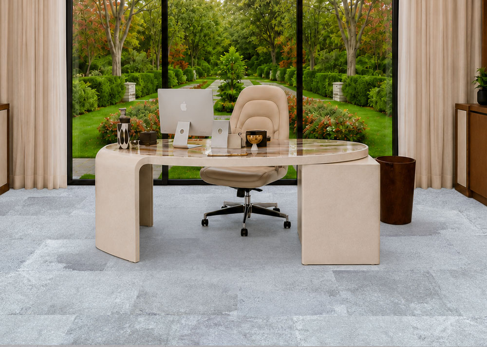 Warm Stone - 7/16" (11mm) - Swiss Design Cork Floating (FWmSt11) Warm Stone gray stone-look cork flooring creates a comfortable bedroom surface beside an upholstered bed and pool doors.