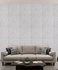 Modern living room with Wave Wood 3D acoustic cork wall panels, featuring white woven texture that adds depth, sound absorption, and contemporary style.