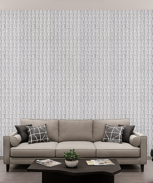 Wave White - 25/32” (20mm) - 3D Cork Wall Panels (WWWh20) Modern living room with Wave Wood 3D acoustic cork wall panels, featuring white woven texture that adds depth, sound absorption, and contemporary style.
