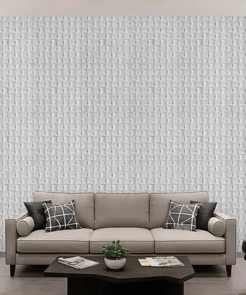 Wave White - 25/32” (20mm) - 3D Cork Wall Panels (WWWh20) Modern living room with Wave Wood 3D acoustic cork wall panels, featuring white woven texture that adds depth, sound absorption, and contemporary style.