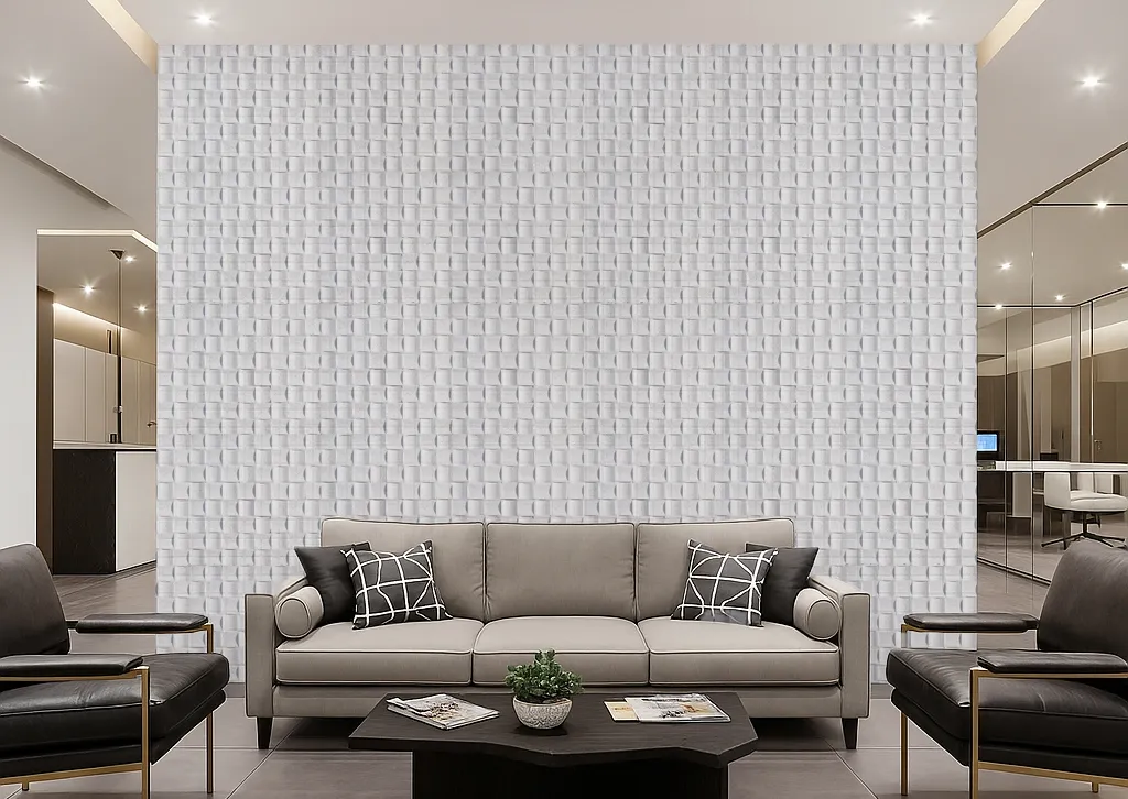 Wave White - 25/32” (20mm) - 3D Cork Wall Panels (WWWh20) Modern living room with Wave Wood 3D acoustic cork wall panels, featuring white woven texture that adds depth, sound absorption, and contemporary style.