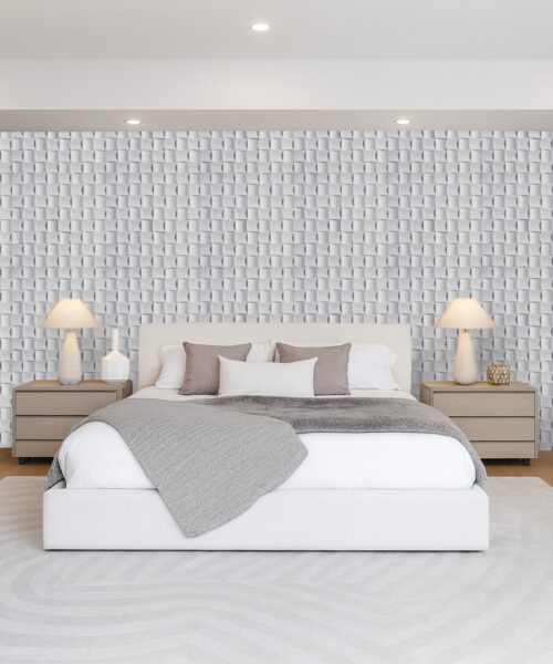 Wave White - 25/32” (20mm) - 3D Cork Wall Panels (WWWh20) Bedroom feature wall covered in Wave Wood 3D acoustic cork panels, showcasing white wave-woven design for soundproofing and soft modern aesthetics.