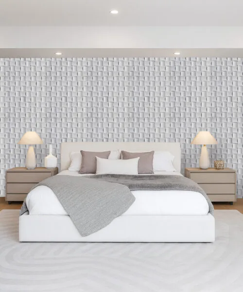 Wave White - 25/32” (20mm) - 3D Cork Wall Panels (WWWh20) Bedroom feature wall covered in Wave Wood 3D acoustic cork panels, showcasing white wave-woven design for soundproofing and soft modern aesthetics.
