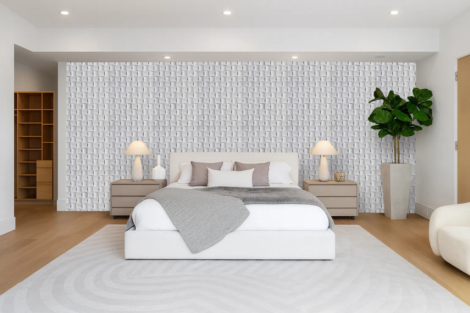 Wave White - 25/32” (20mm) - 3D Cork Wall Panels (WWWh20) Bedroom feature wall covered in Wave Wood 3D acoustic cork panels, showcasing white wave-woven design for soundproofing and soft modern aesthetics.