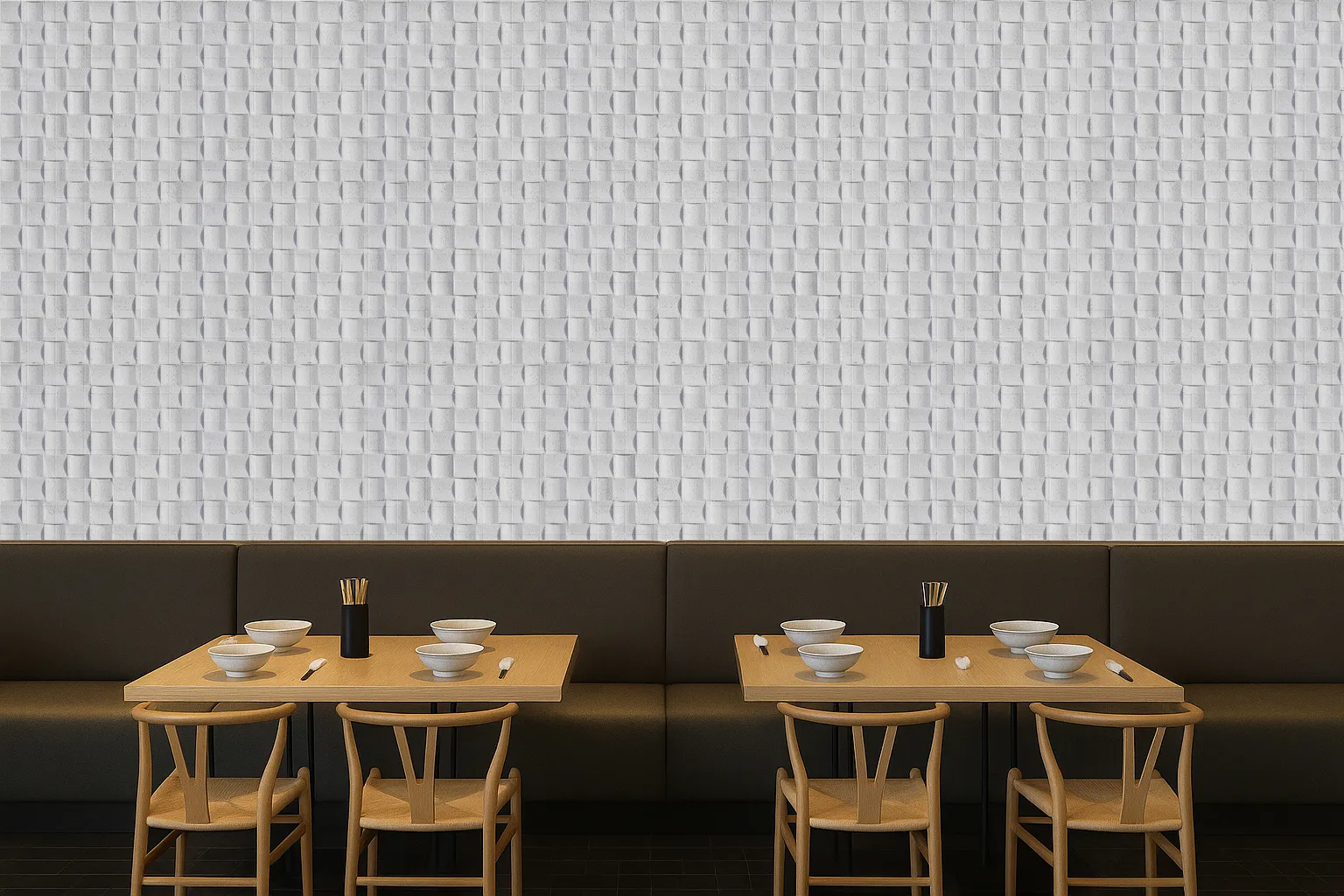 Wave White - 25/32” (20mm) - 3D Cork Wall Panels (WWWh20) Restaurant interior with Wave Wood 3D acoustic cork wall panels, displaying white woven pattern that enhances ambience, reduces noise, and adds modern texture
