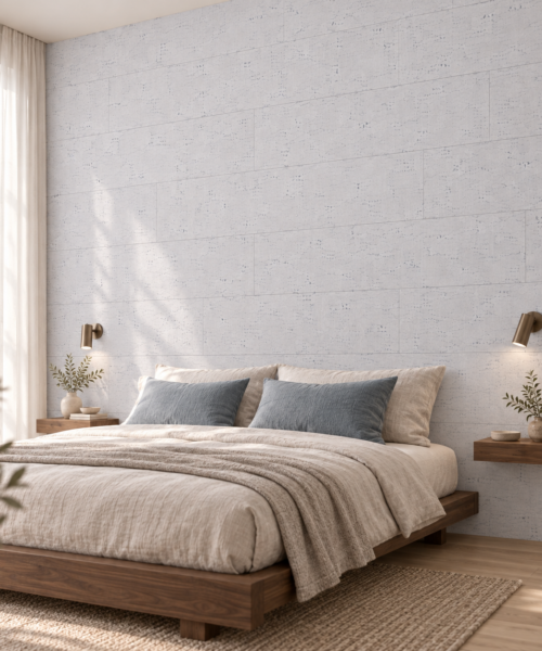 White Bamboo - 1/4" (6mm) - Cork Glue Down Tile (GWB6) White Bamboo glue-down cork tiles in a calm bedroom — wall application visualization